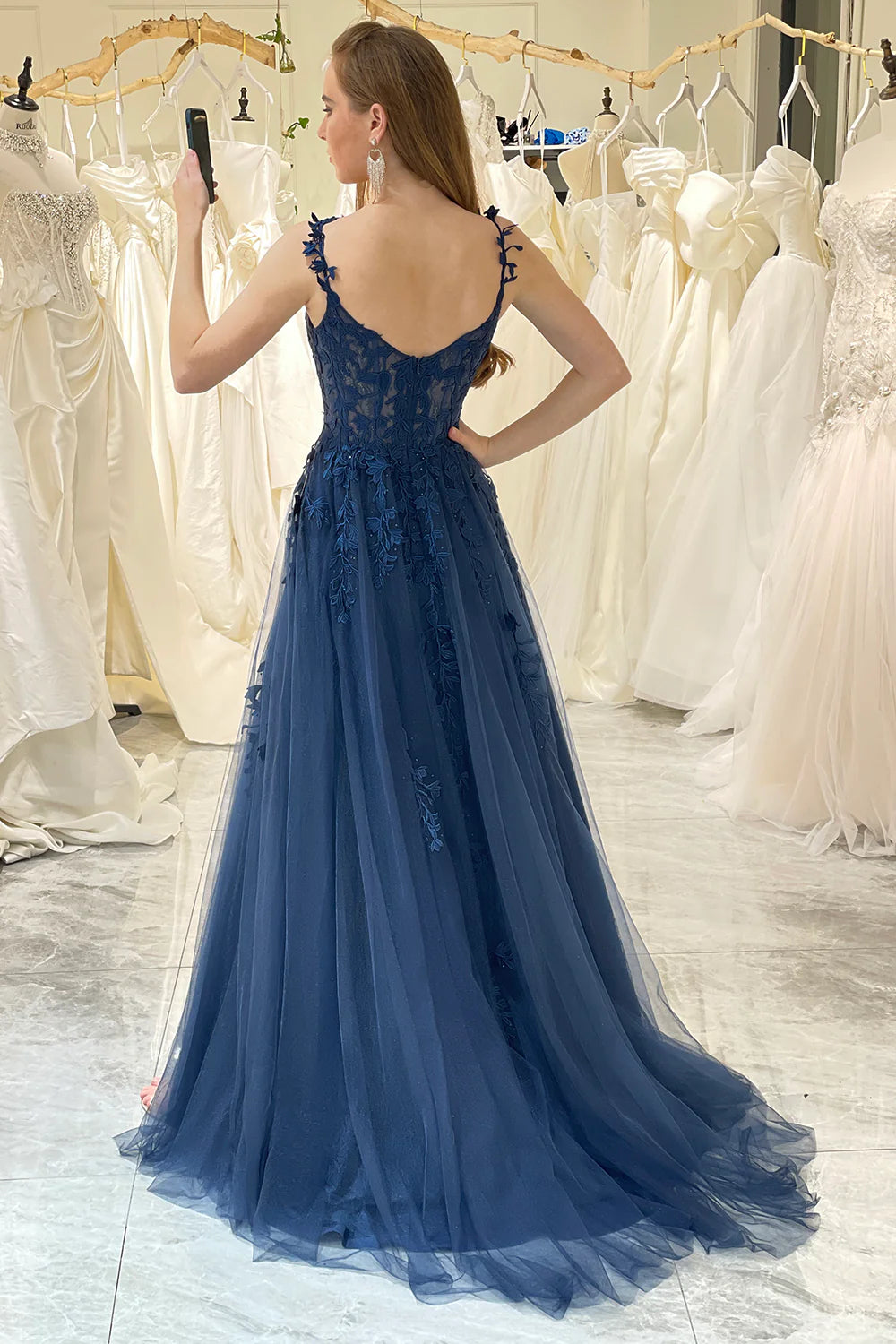 Amzcw Navy Tulle A Line Spaghetti Straps Corset Prom Dress with Appliques prom dresses stores