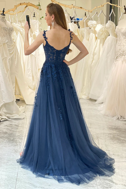 Amzcw Navy Tulle A Line Spaghetti Straps Corset Prom Dress with Appliques prom dresses stores