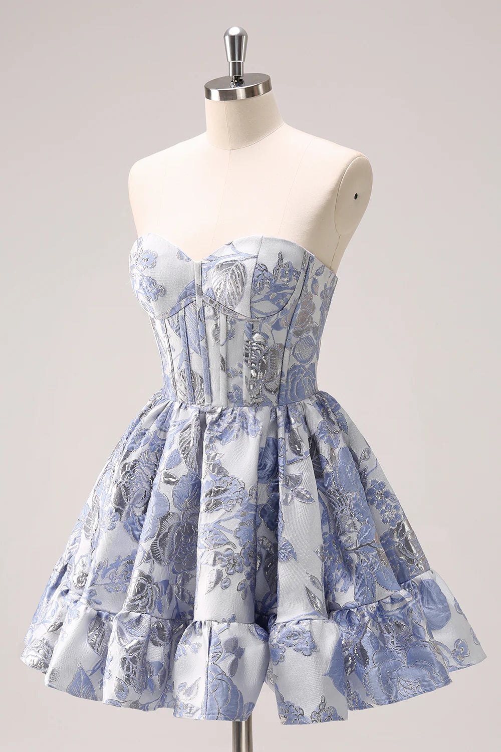 Amzcw Cute Blue A Line Sweetheart Print Corset Short Homecoming Dress with Ruffles