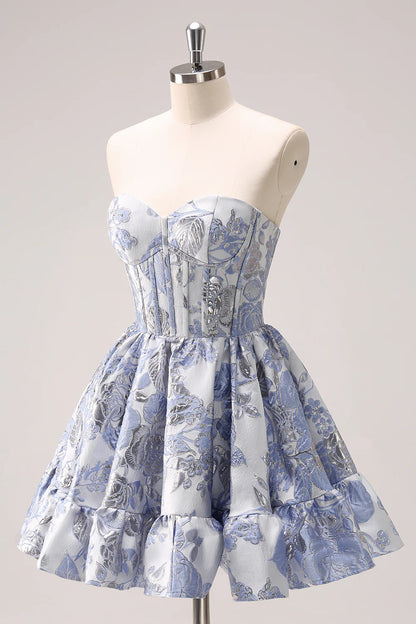 Amzcw Cute Blue A Line Sweetheart Print Corset Short Homecoming Dress with Ruffles