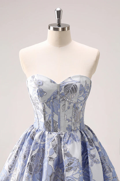 Amzcw Cute Blue A Line Sweetheart Print Corset Short Homecoming Dress with Ruffles