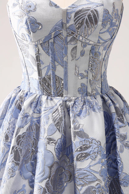 Amzcw Cute Blue A Line Sweetheart Print Corset Short Homecoming Dress with Ruffles