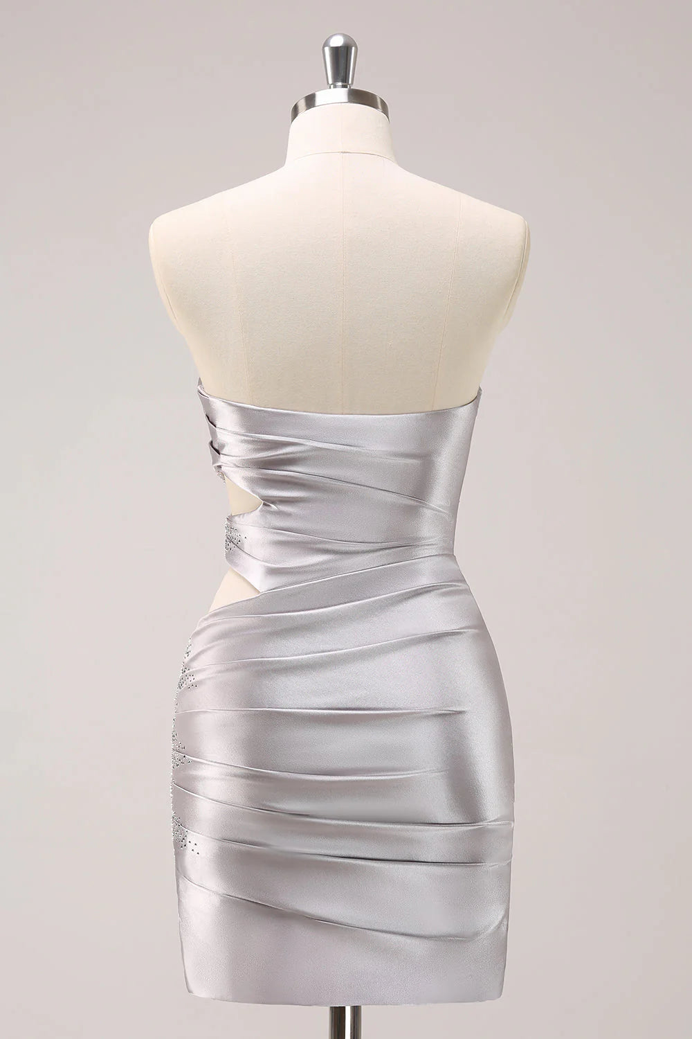 Amzcw Silver Hollow Out Strapless Pleated Tight Metallic Homecoming Dress with Beading