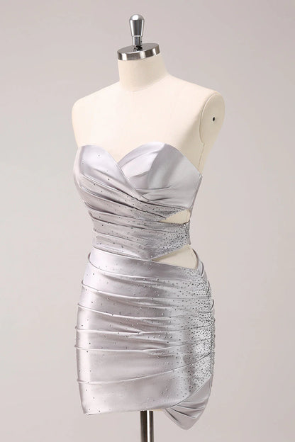Amzcw Silver Hollow Out Strapless Pleated Tight Metallic Homecoming Dress with Beading
