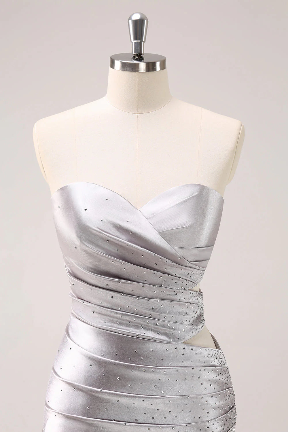 Amzcw Silver Hollow Out Strapless Pleated Tight Metallic Homecoming Dress with Beading