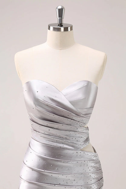 Amzcw Silver Hollow Out Strapless Pleated Tight Metallic Homecoming Dress with Beading