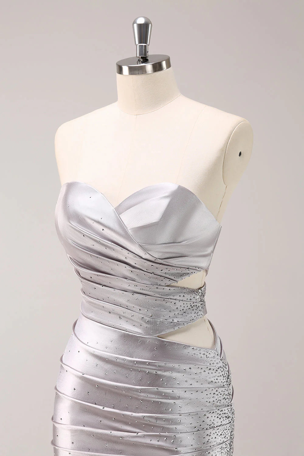 Amzcw Silver Hollow Out Strapless Pleated Tight Metallic Homecoming Dress with Beading