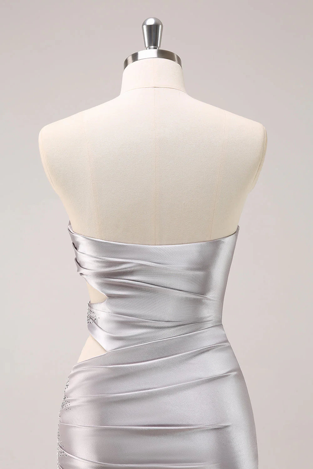 Amzcw Silver Hollow Out Strapless Pleated Tight Metallic Homecoming Dress with Beading