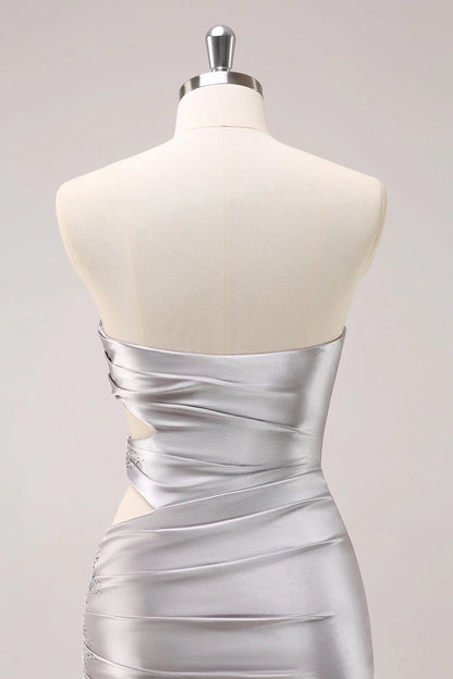 Amzcw Silver Hollow Out Strapless Pleated Tight Metallic Homecoming Dress with Beading