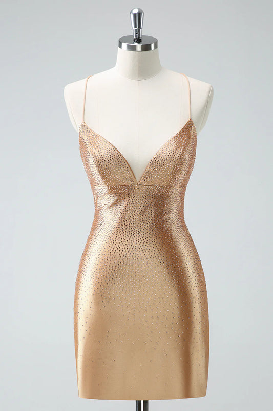 Amzcw Gorgeous Golden Spaghetti Straps Corset Short Tight Homecoming Dress with Beading