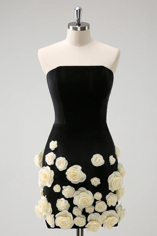 Amzcw Elegant Black Tight Strapless Short Homecoming Dress with 3D Flowers