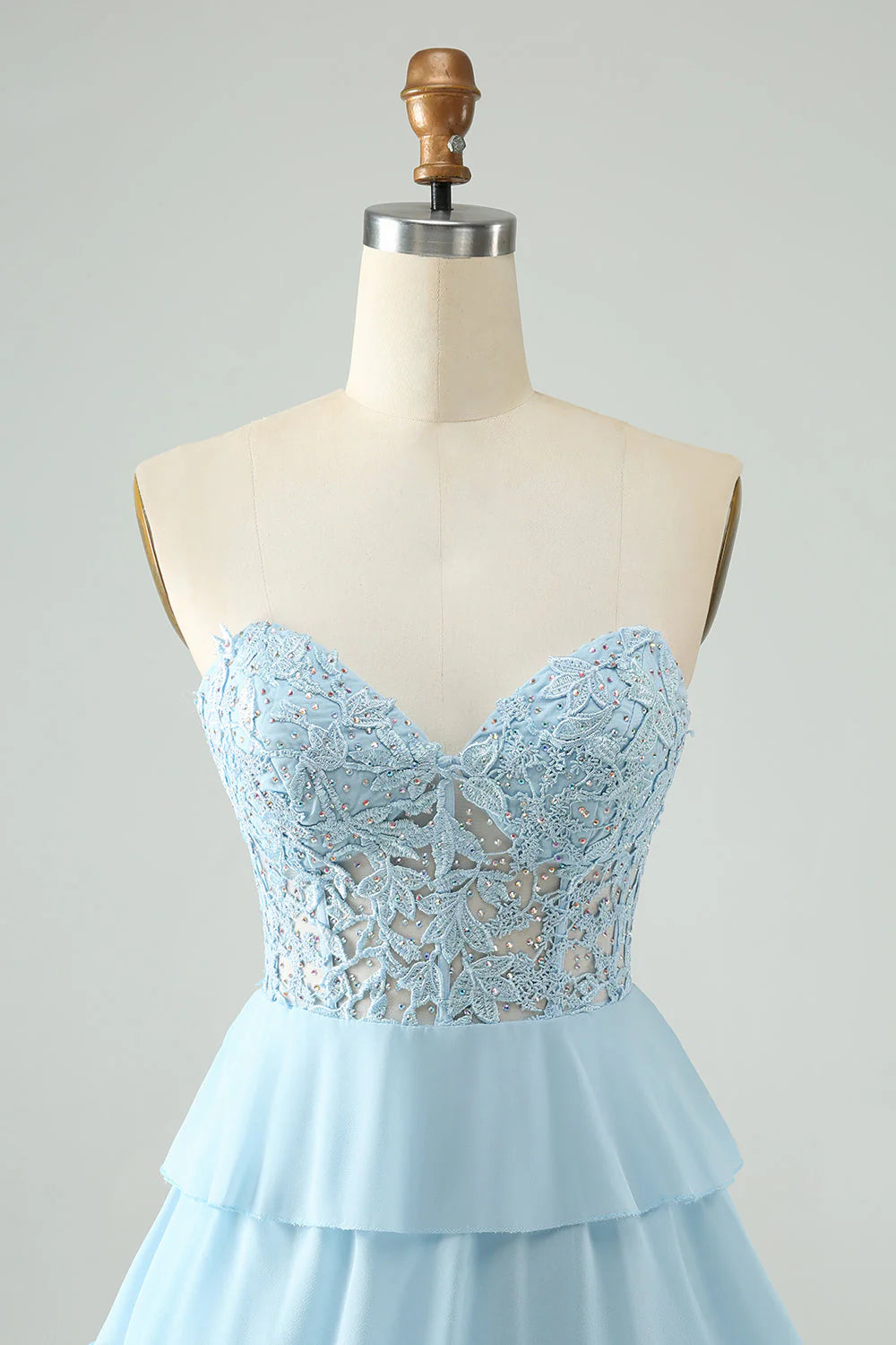 Amzcw A Line Sweetheart Tiered Light Blue Short Homecoming Dress with Appliques