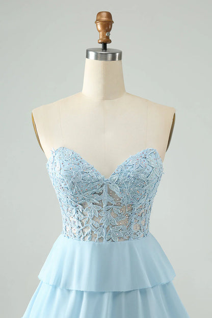 Amzcw A Line Sweetheart Tiered Light Blue Short Homecoming Dress with Appliques