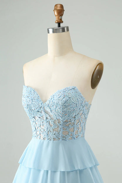 Amzcw A Line Sweetheart Tiered Light Blue Short Homecoming Dress with Appliques