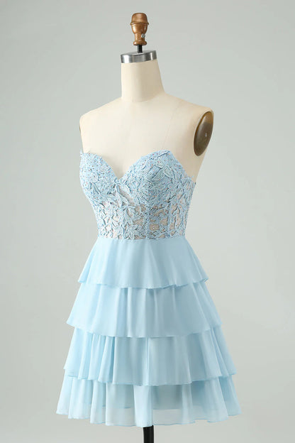 Amzcw A Line Sweetheart Tiered Light Blue Short Homecoming Dress with Appliques