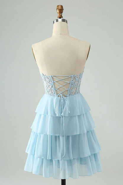 Amzcw A Line Sweetheart Tiered Light Blue Short Homecoming Dress with Appliques
