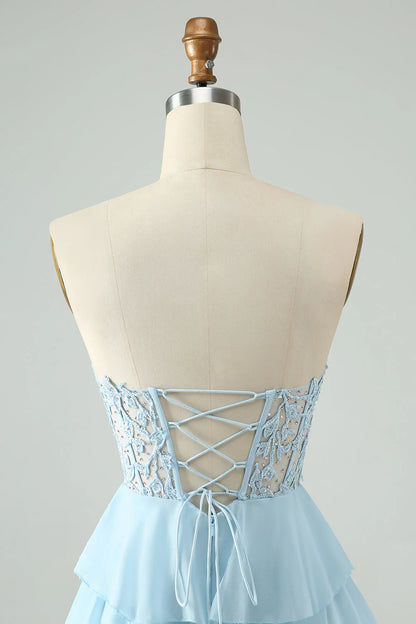 Amzcw A Line Sweetheart Tiered Light Blue Short Homecoming Dress with Appliques