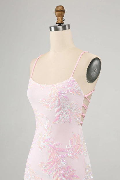 Amzcw Pink Bodycon Spaghetti Straps Homecoming Dress with Criss Cross Back