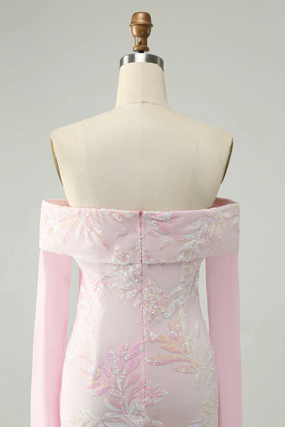 Amzcw Cute Sparkly Bodycon Off The Shoulder Sequin Pink Homecoming Dress with Long Sleeves