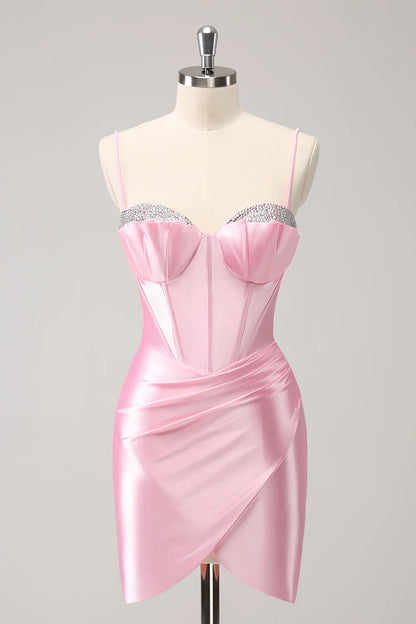 Amzcw Sparkly Pink Tight Spaghetti Straps Corset Pleated Short Homecoming Dress with Beading