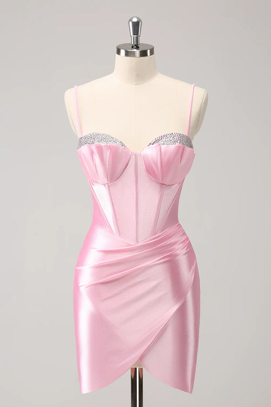 Amzcw Sparkly Pink Tight Spaghetti Straps Corset Pleated Short Homecoming Dress with Beading