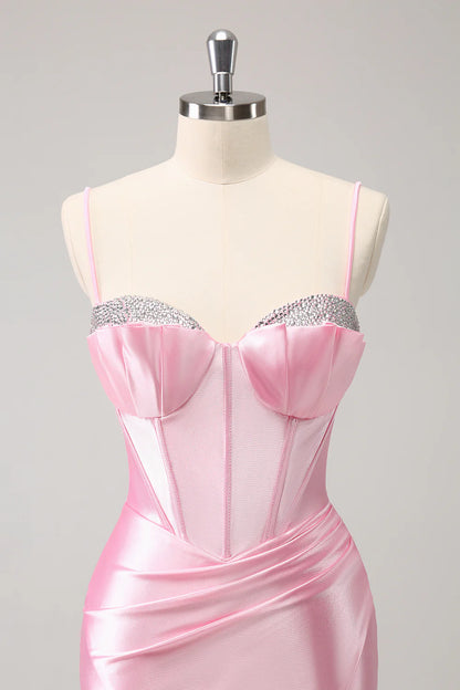 Amzcw Sparkly Pink Tight Spaghetti Straps Corset Pleated Short Homecoming Dress with Beading