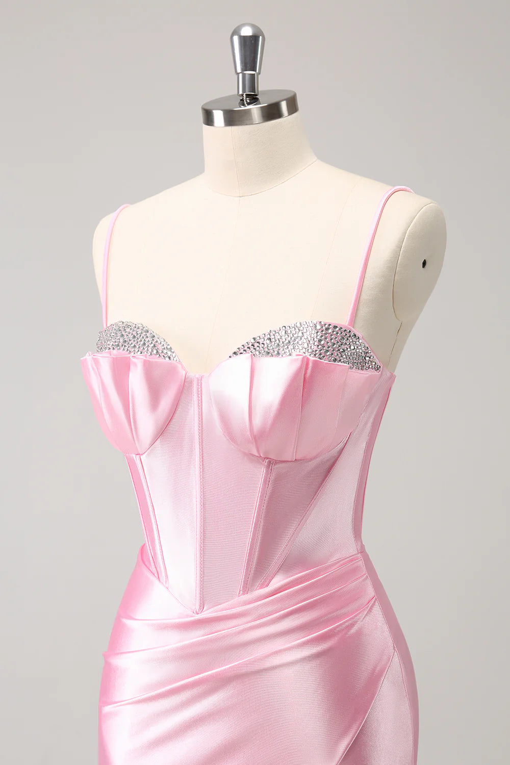 Amzcw Sparkly Pink Tight Spaghetti Straps Corset Pleated Short Homecoming Dress with Beading