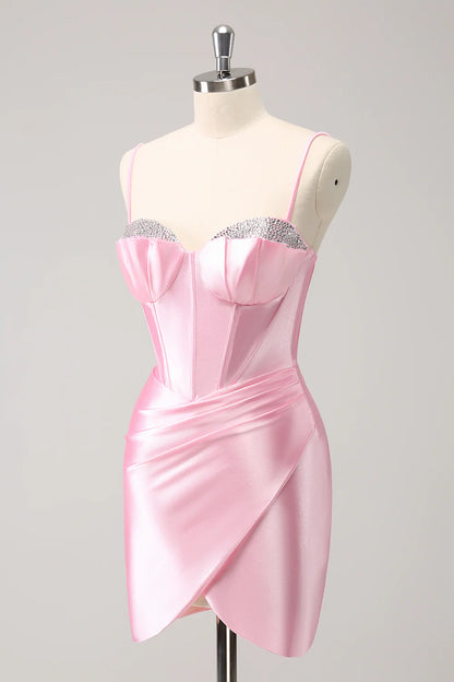 Amzcw Sparkly Pink Tight Spaghetti Straps Corset Pleated Short Homecoming Dress with Beading