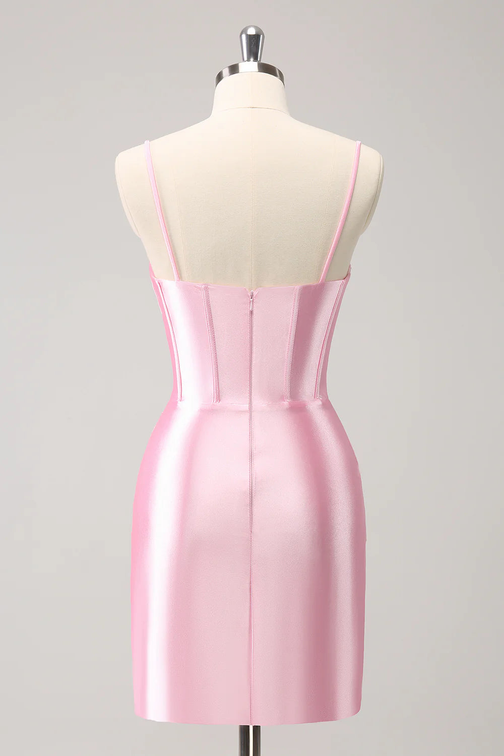 Amzcw Sparkly Pink Tight Spaghetti Straps Corset Pleated Short Homecoming Dress with Beading