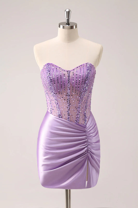 Amzcw Sparkly Lilac Bodycon Strapless Sequins Ruched Short Homecoming Dress with Beading
