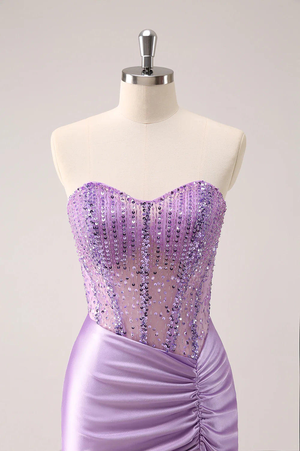 Amzcw Sparkly Lilac Bodycon Strapless Sequins Ruched Short Homecoming Dress with Beading