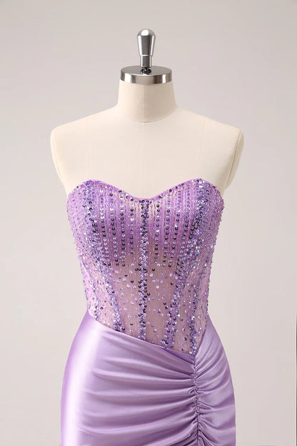 Amzcw Sparkly Lilac Bodycon Strapless Sequins Ruched Short Homecoming Dress with Beading