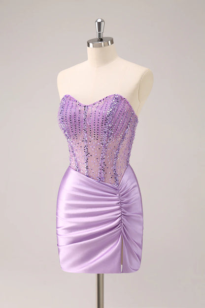 Amzcw Sparkly Lilac Bodycon Strapless Sequins Ruched Short Homecoming Dress with Beading