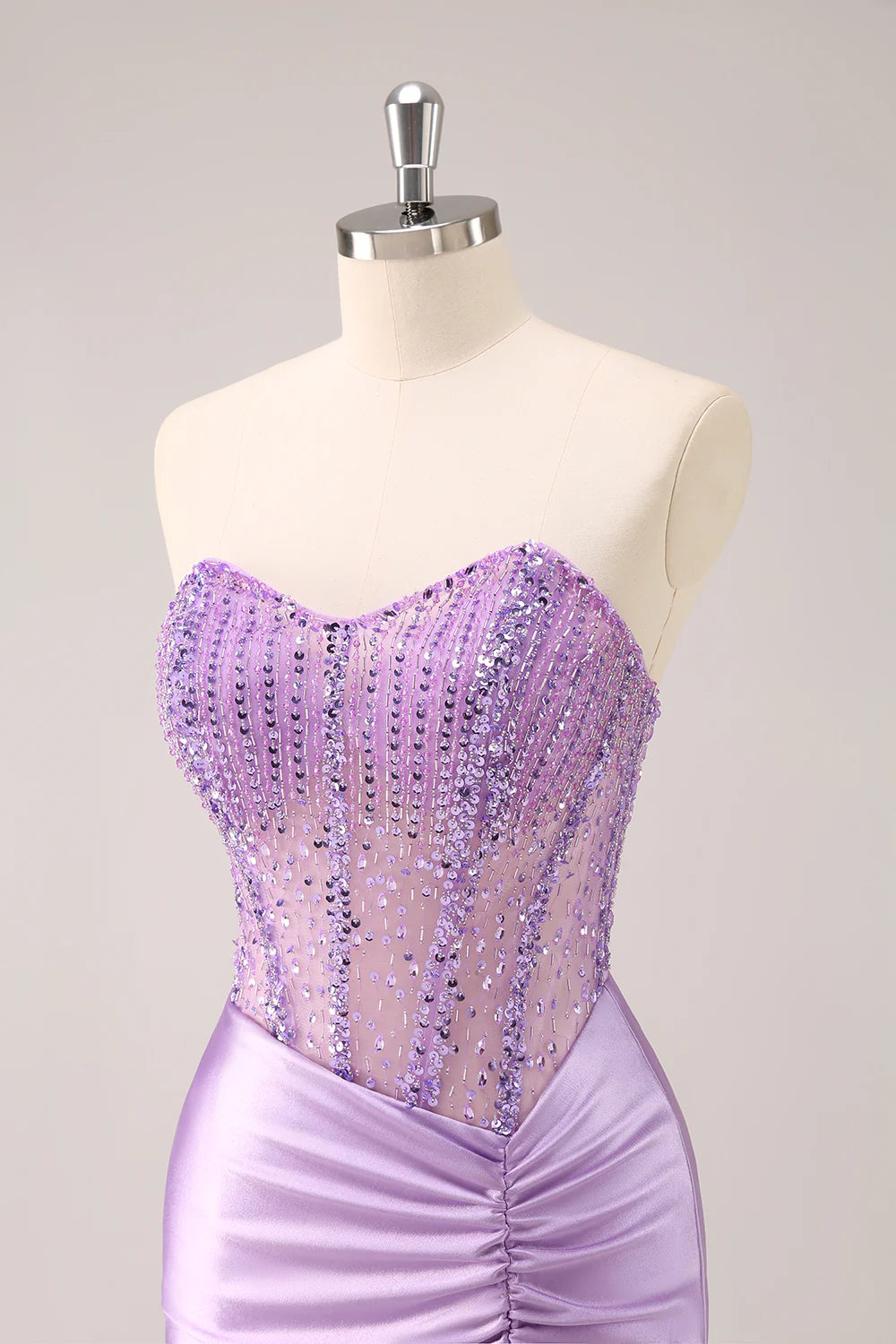 Amzcw Sparkly Lilac Bodycon Strapless Sequins Ruched Short Homecoming Dress with Beading
