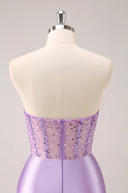 Amzcw Sparkly Lilac Bodycon Strapless Sequins Ruched Short Homecoming Dress with Beading