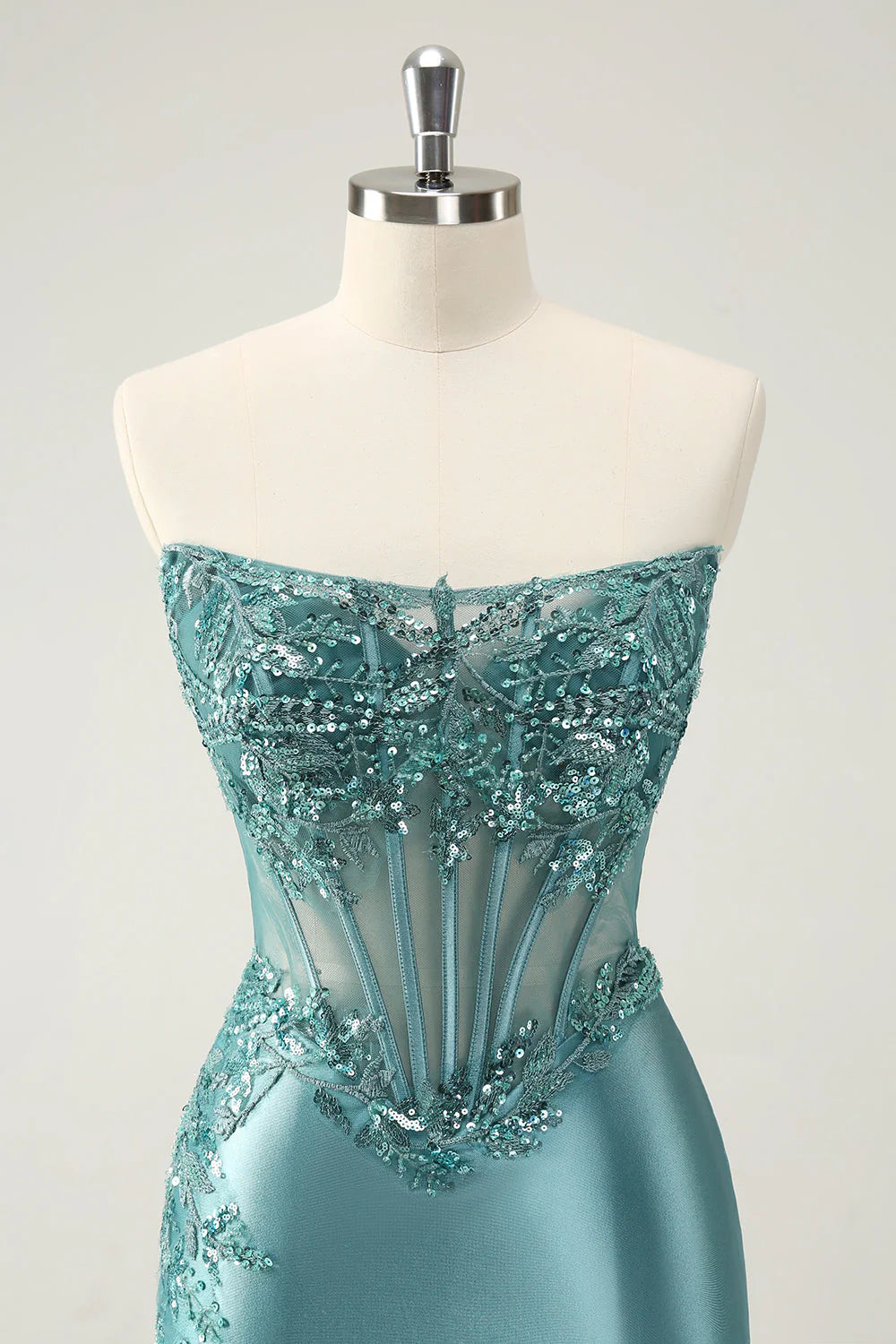 Amzcw Glitter Tight Strapless Corset Short Peacock Blue Homecoming Dress with Appliques