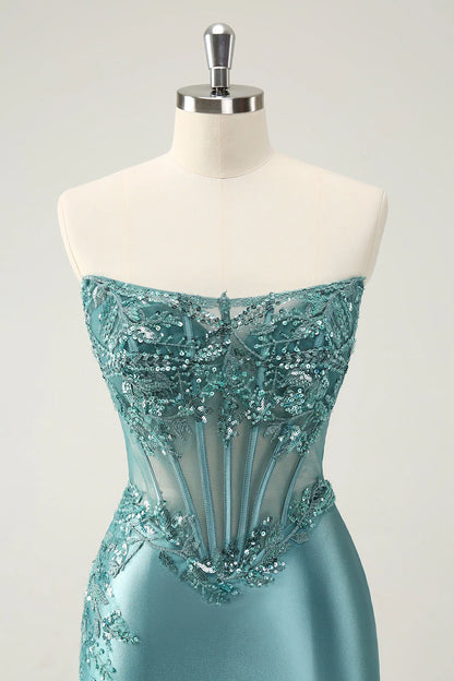 Amzcw Glitter Tight Strapless Corset Short Peacock Blue Homecoming Dress with Appliques