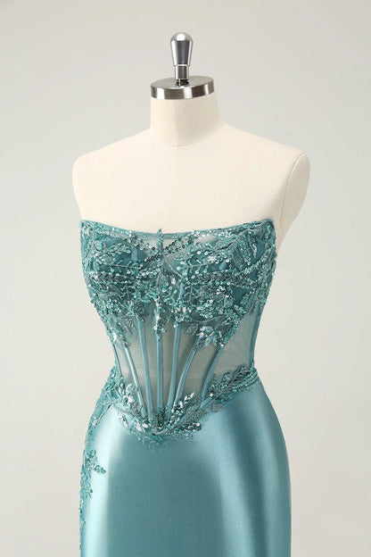 Amzcw Glitter Tight Strapless Corset Short Peacock Blue Homecoming Dress with Appliques