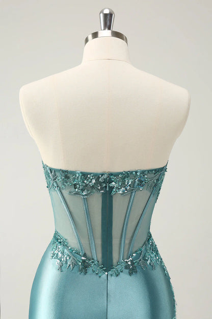 Amzcw Glitter Tight Strapless Corset Short Peacock Blue Homecoming Dress with Appliques