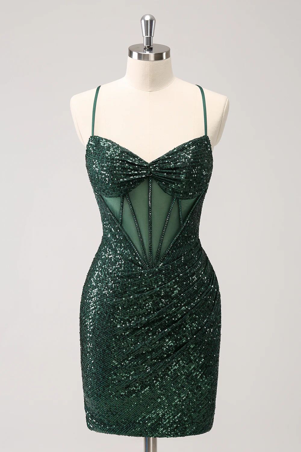 Amzcw Sparkly Unique Dark Green Tight Sequin Corset Homecoming Dress with Lace Up Back