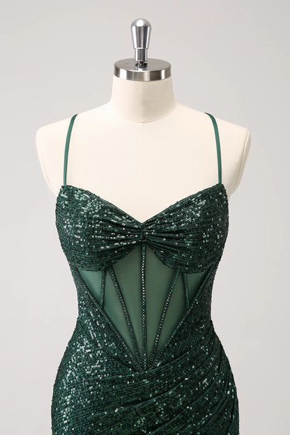 Amzcw Sparkly Unique Dark Green Tight Sequin Corset Homecoming Dress with Lace Up Back