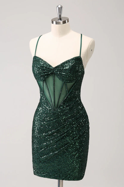 Amzcw Sparkly Unique Dark Green Tight Sequin Corset Homecoming Dress with Lace Up Back