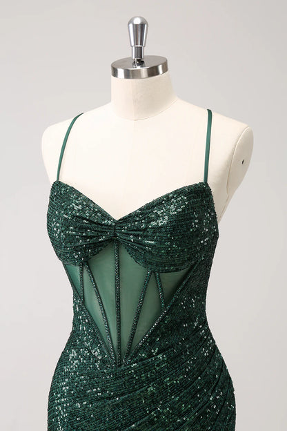 Amzcw Sparkly Unique Dark Green Tight Sequin Corset Homecoming Dress with Lace Up Back