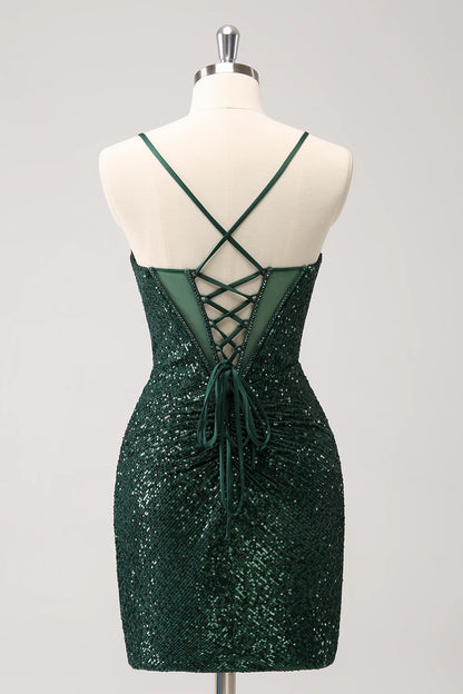 Amzcw Sparkly Unique Dark Green Tight Sequin Corset Homecoming Dress with Lace Up Back