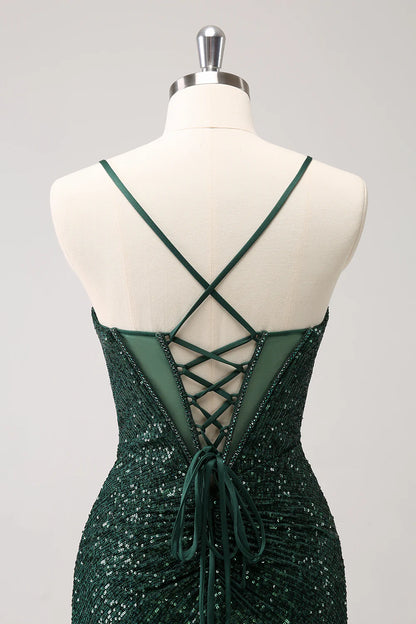 Amzcw Sparkly Unique Dark Green Tight Sequin Corset Homecoming Dress with Lace Up Back