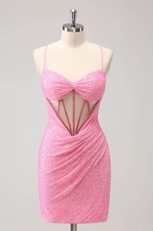 Amzcw Stylish Sparkly Unique Pink Tight Sequin Corset Homecoming Dress with Lace Up Back