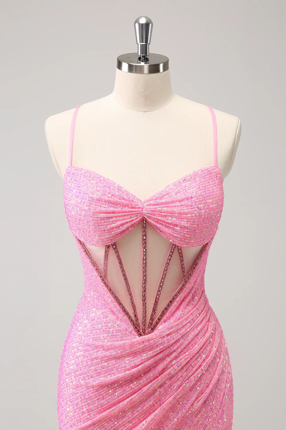 Amzcw Stylish Sparkly Unique Pink Tight Sequin Corset Homecoming Dress with Lace Up Back