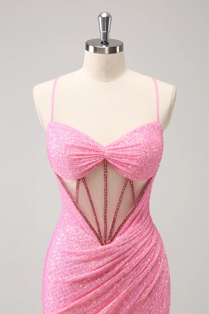 Amzcw Stylish Sparkly Unique Pink Tight Sequin Corset Homecoming Dress with Lace Up Back