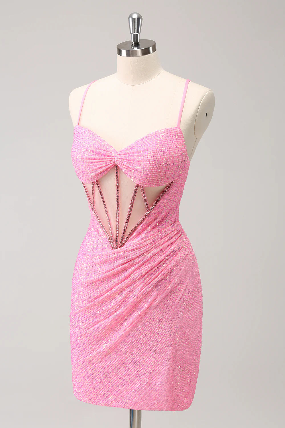 Amzcw Stylish Sparkly Unique Pink Tight Sequin Corset Homecoming Dress with Lace Up Back
