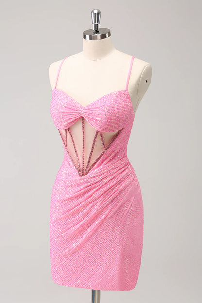 Amzcw Stylish Sparkly Unique Pink Tight Sequin Corset Homecoming Dress with Lace Up Back